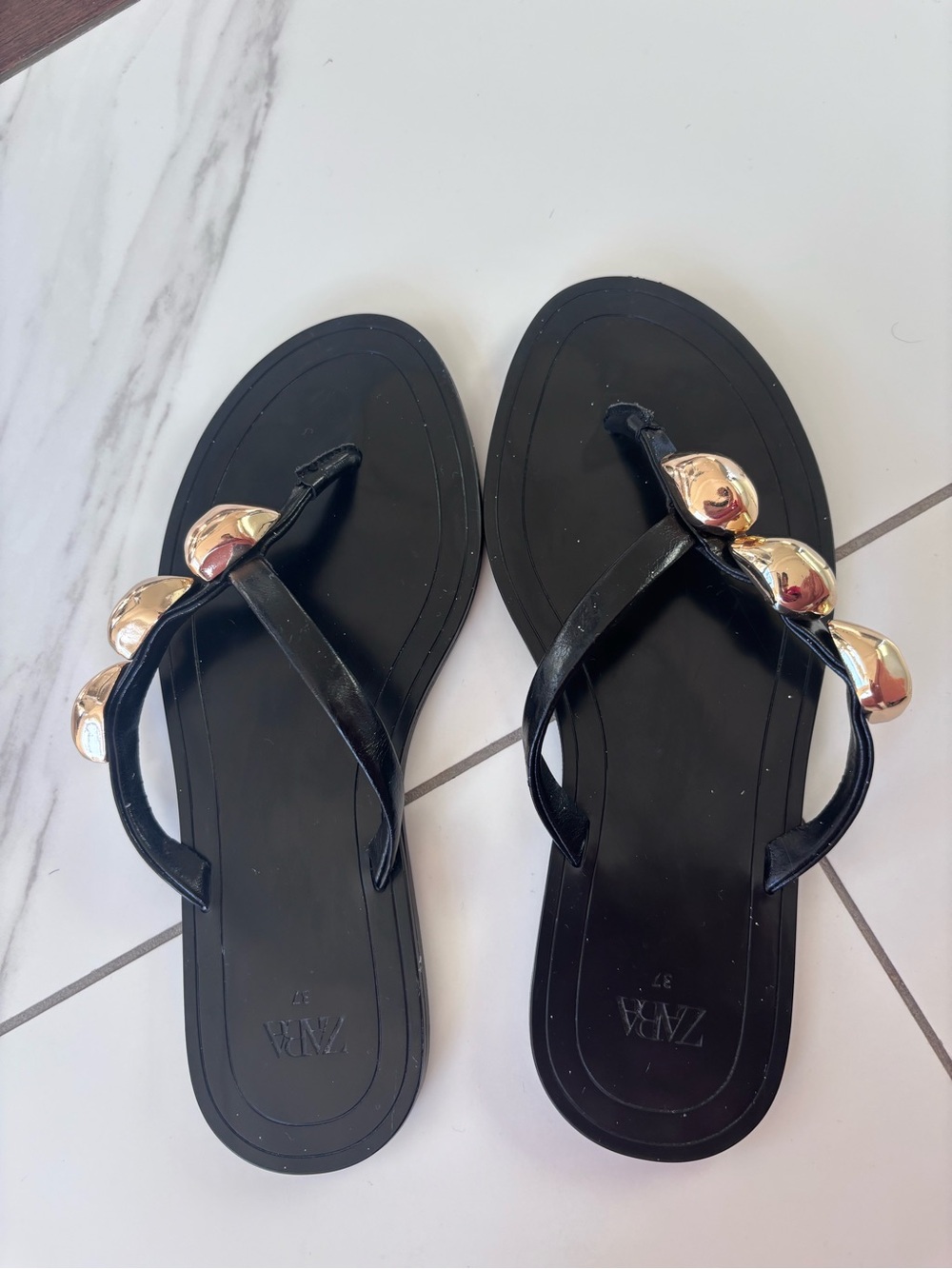 ZARA Black Flat slide Sandals with Gold Accent
